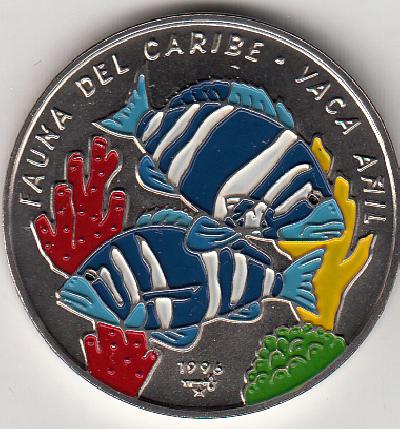 Beschrijving: 1 Peso FISH VACA ANIL Coloured